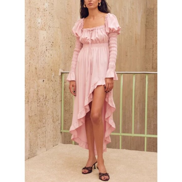 Sleeper Juliette Off Shoulder Smocked Midi Dress L Fairy Pink Shirred NEW $370 - Picture 1 of 14